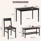 Juego de mesa de comedor para 4 personas, mesa de cocina moderna con sillas y banco para espacios pequeños, juego de mesa de comedor con estructura de metal y estante de almacenamiento, para apartamento