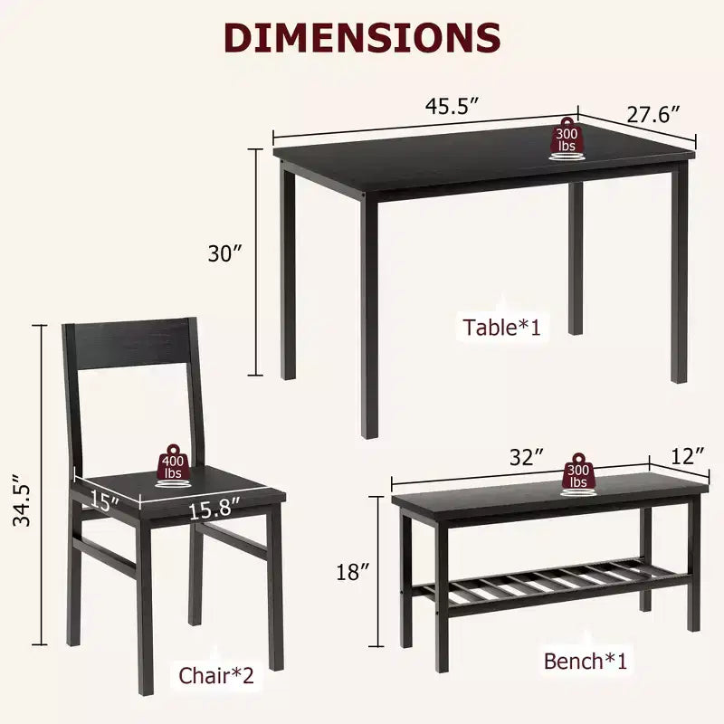Juego de mesa de comedor para 4 personas, mesa de cocina moderna con sillas y banco para espacios pequeños, juego de mesa de comedor con estructura de metal y estante de almacenamiento, para apartamento