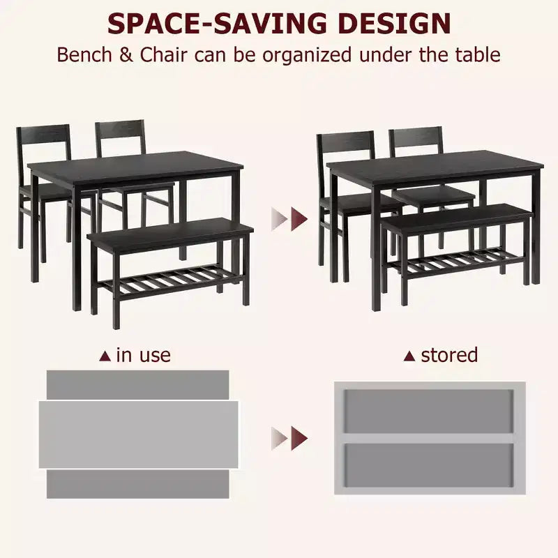 Juego de mesa de comedor para 4 personas, mesa de cocina moderna con sillas y banco para espacios pequeños, juego de mesa de comedor con estructura de metal y estante de almacenamiento, para apartamento