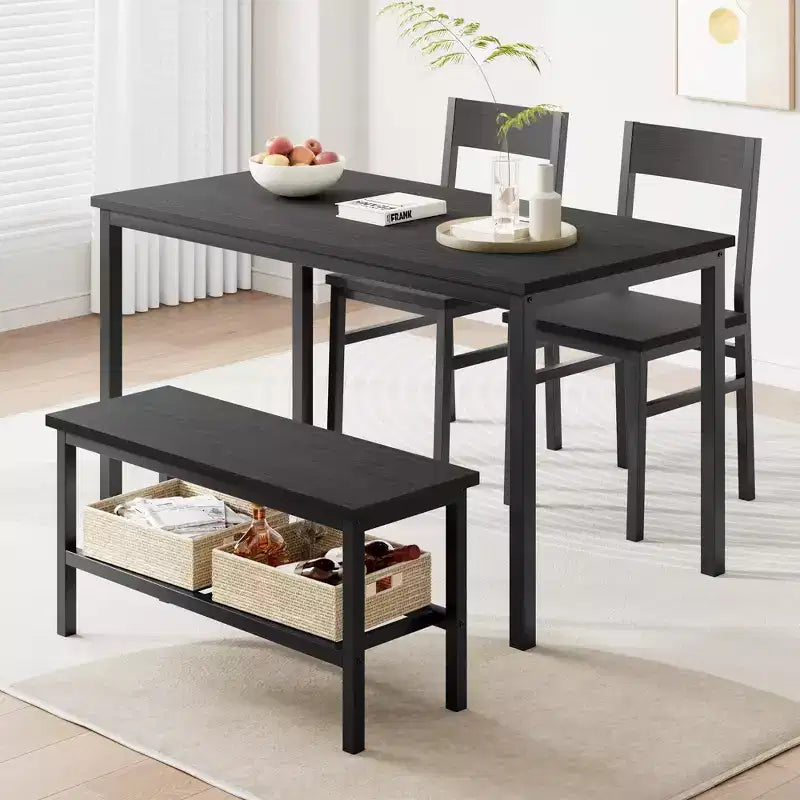 Juego de mesa de comedor para 4 personas, mesa de cocina moderna con sillas y banco para espacios pequeños, juego de mesa de comedor con estructura de metal y estante de almacenamiento, para apartamento
