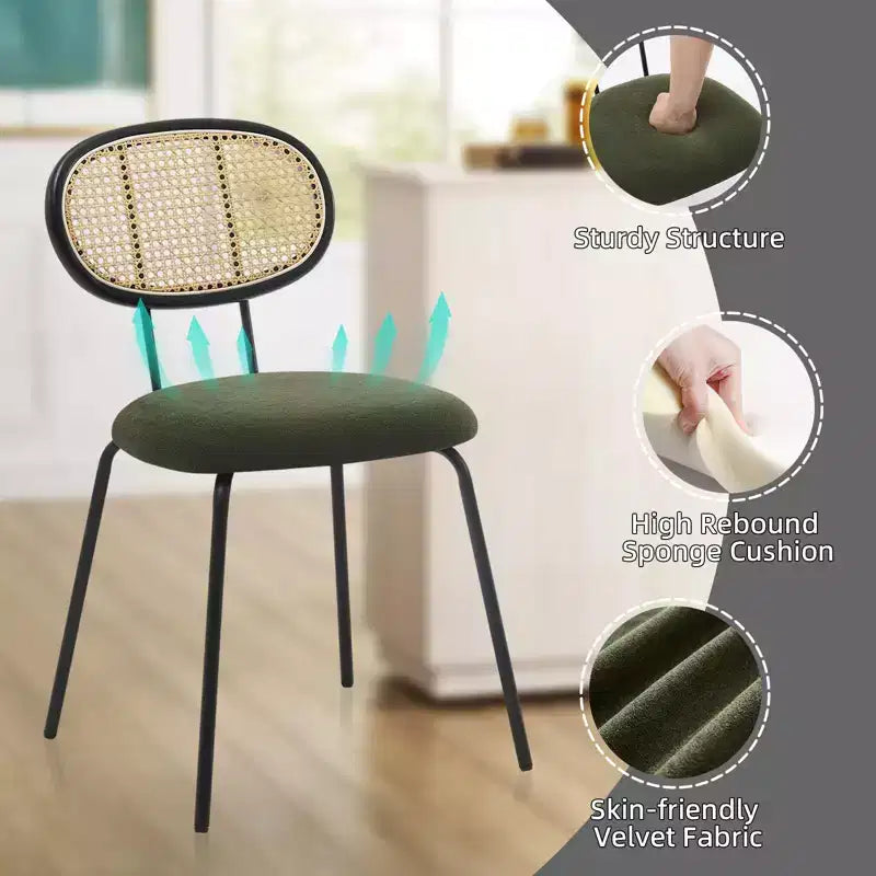 Juego de 2 sillas de comedor, modernas sillas de comedor tapizadas en terciopelo con respaldo de ratán y patas de metal resistentes