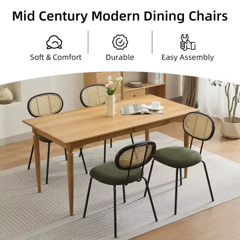 Juego de 2 sillas de comedor, modernas sillas de comedor tapizadas en terciopelo con respaldo de ratán y patas de metal resistentes