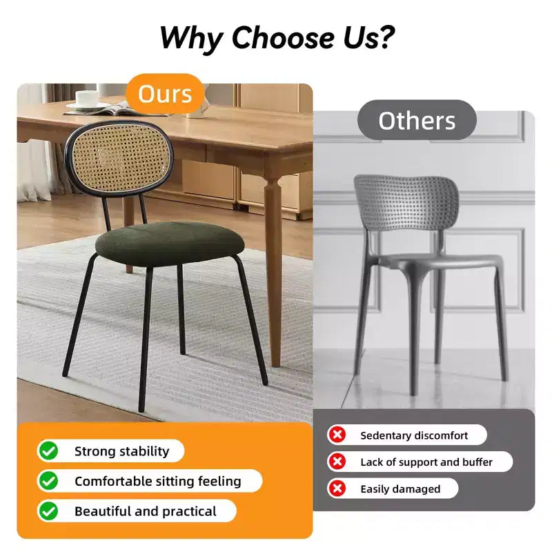 Juego de 2 sillas de comedor, modernas sillas de comedor tapizadas en terciopelo con respaldo de ratán y patas de metal resistentes