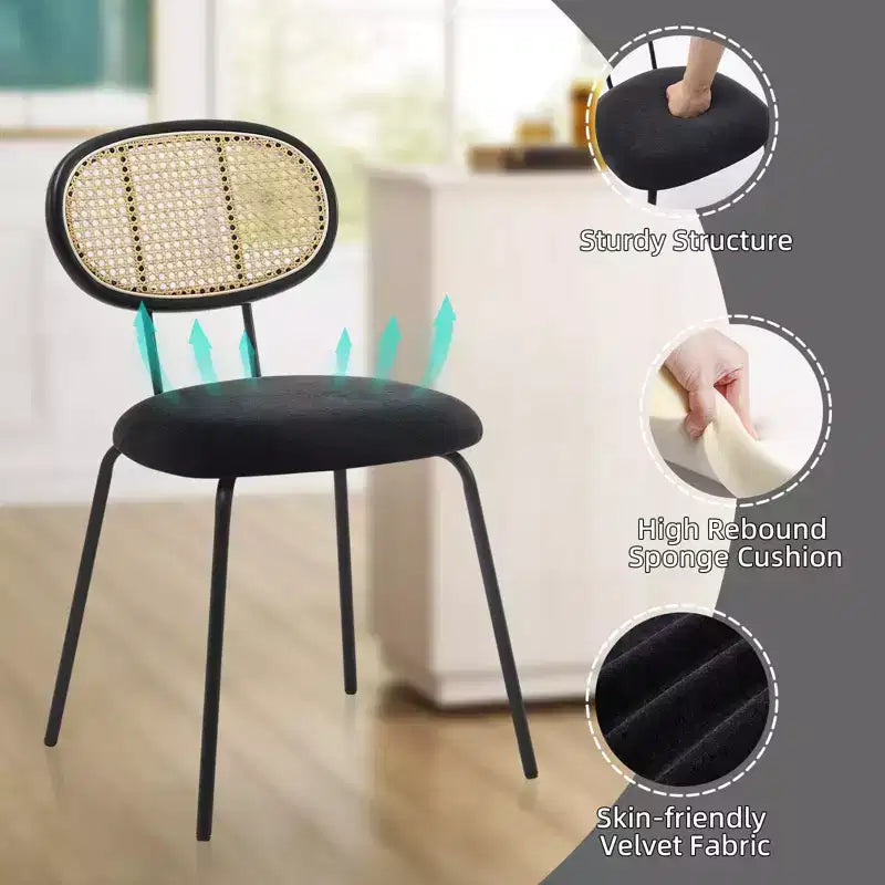 Juego de 2 sillas de comedor, modernas sillas de comedor tapizadas en terciopelo con respaldo de ratán y patas de metal resistentes
