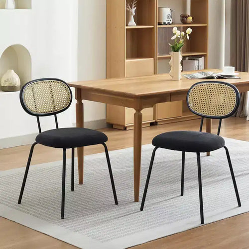 2 Pack Dining Chairs, Modern Velvet Upholstered Dining Room Chairs with Rattan Backrest & Sturdy Metal Legs