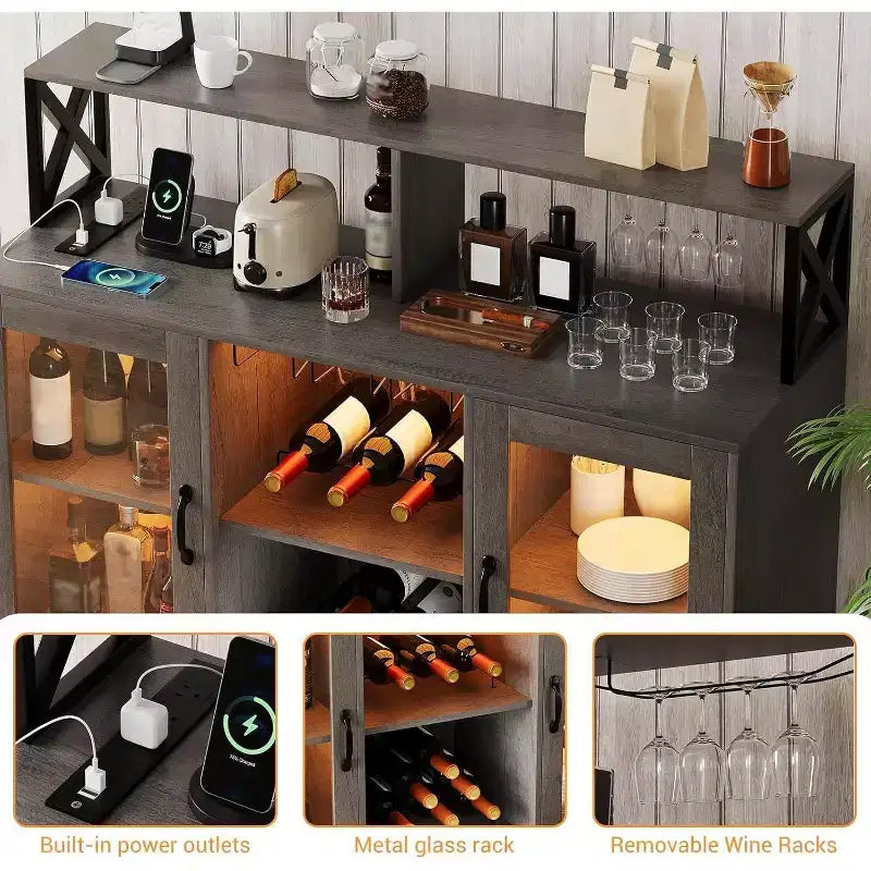 TROPOW Mueble bar, mueble para licores con tomas de corriente y luces LED - Soporte para copas/botellero, barra de café