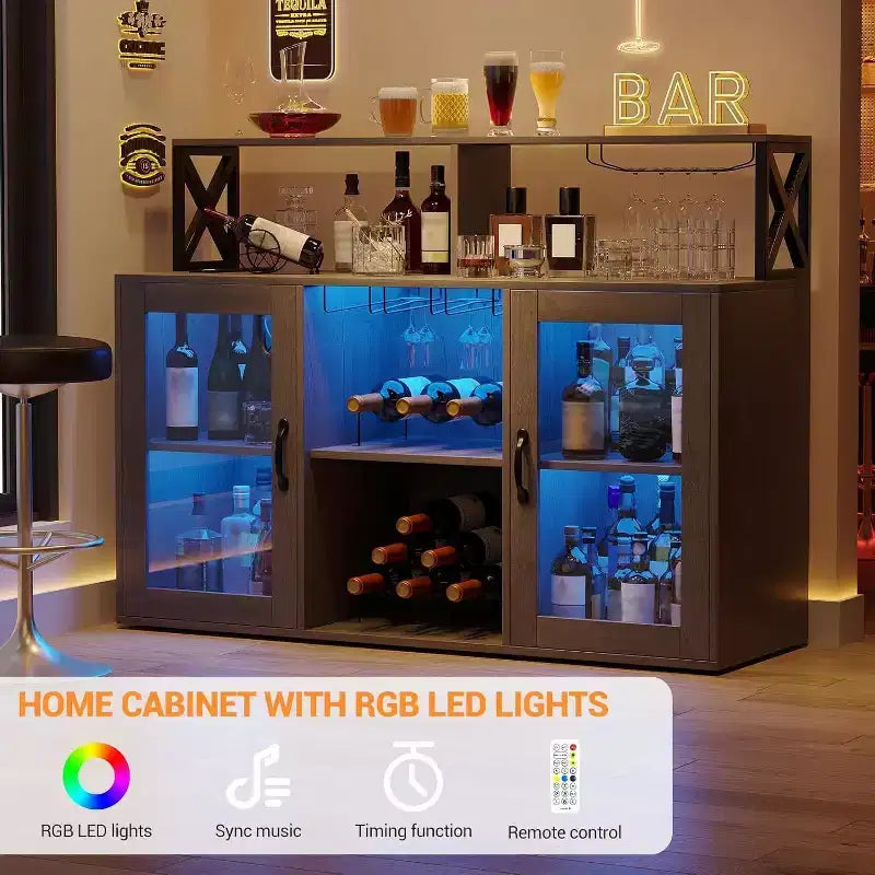 TROPOW Mueble bar, mueble para licores con tomas de corriente y luces LED - Soporte para copas/botellero, barra de café