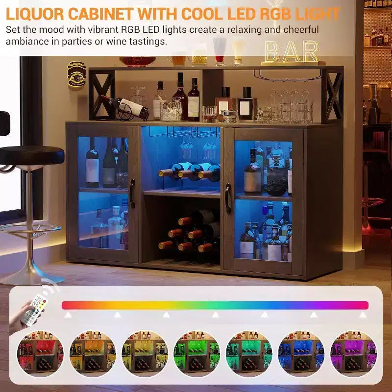 TROPOW Mueble bar, mueble para licores con tomas de corriente y luces LED - Soporte para copas/botellero, barra de café