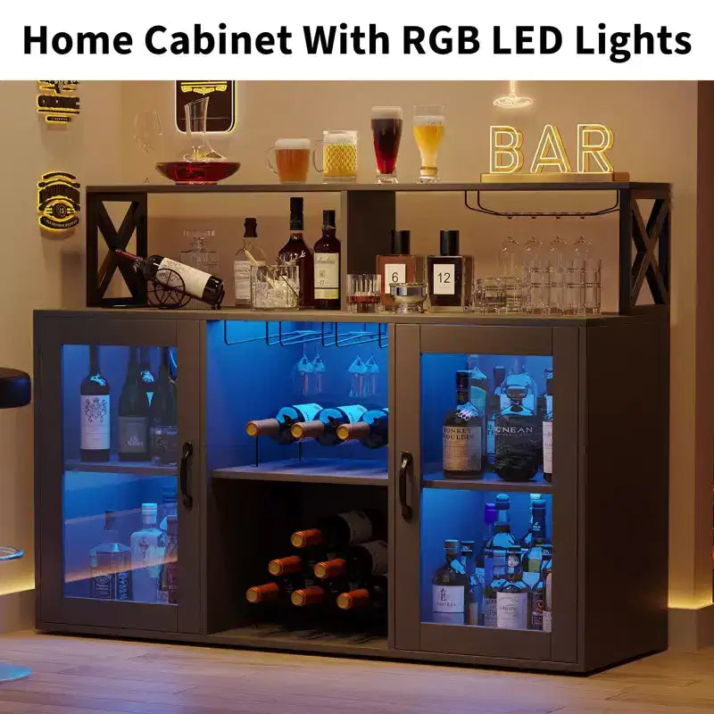 TROPOW Mueble bar, mueble para licores con tomas de corriente y luces LED - Soporte para copas/botellero, barra de café