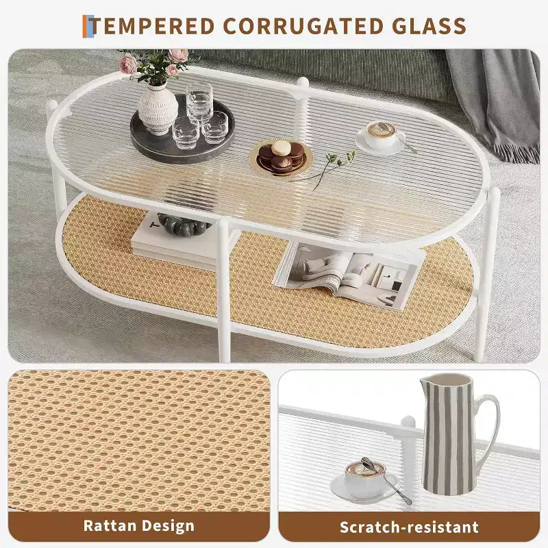 Mesa de centro ovalada de cristal Acekool, cristal templado con diseño de ondas, estante de almacenamiento de ratán, marco de metal estilo bohemio rústico