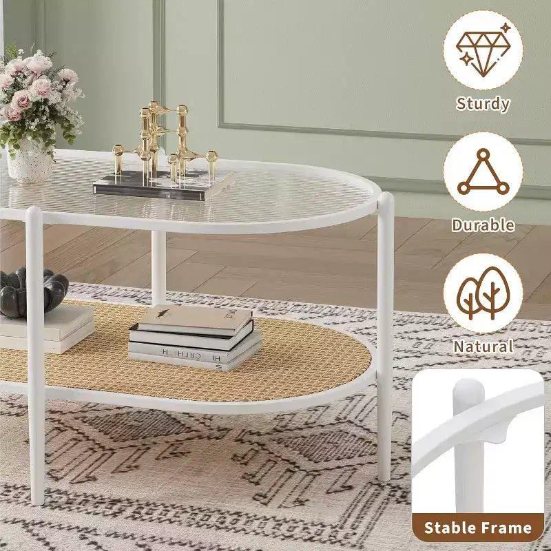 Mesa de centro ovalada de cristal Acekool, cristal templado con diseño de ondas, estante de almacenamiento de ratán, marco de metal estilo bohemio rústico
