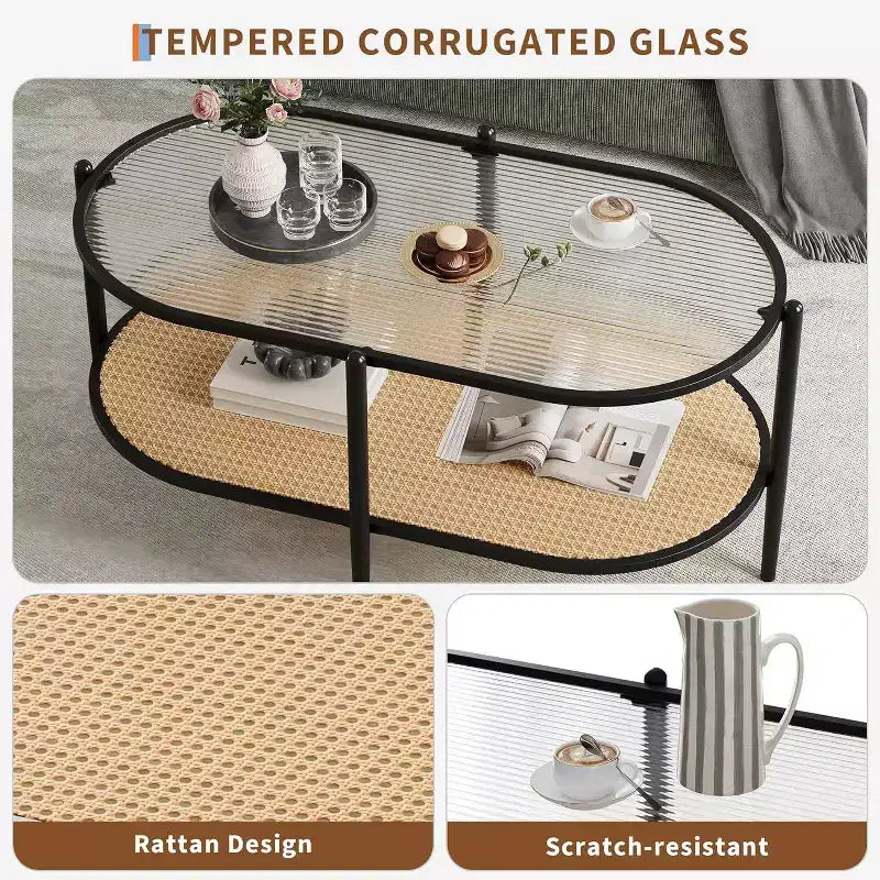 Mesa de centro ovalada de cristal Acekool, cristal templado con diseño de ondas, estante de almacenamiento de ratán, marco de metal estilo bohemio rústico