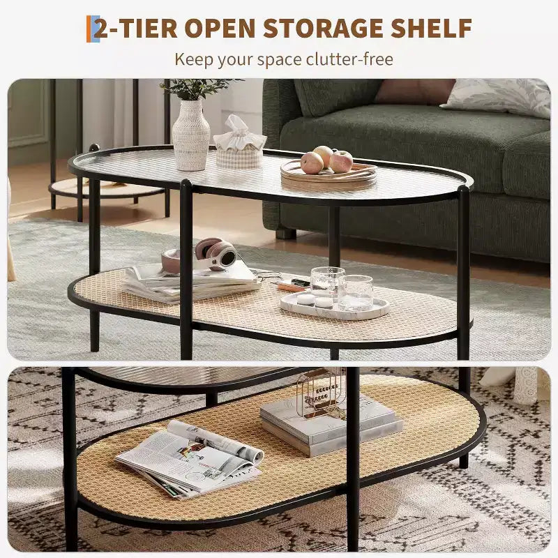 Mesa de centro ovalada de cristal Acekool, cristal templado con diseño de ondas, estante de almacenamiento de ratán, marco de metal estilo bohemio rústico