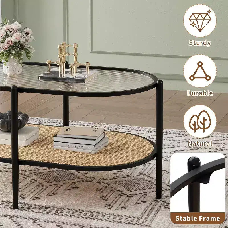 Mesa de centro ovalada de cristal Acekool, cristal templado con diseño de ondas, estante de almacenamiento de ratán, marco de metal estilo bohemio rústico