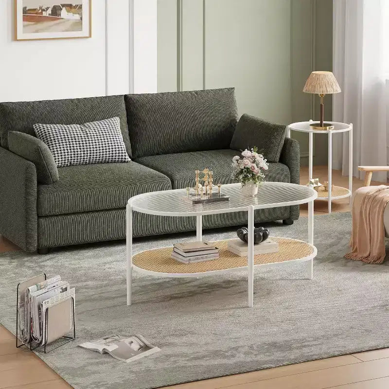Mesa de centro ovalada de cristal Acekool, cristal templado con diseño de ondas, estante de almacenamiento de ratán, marco de metal estilo bohemio rústico