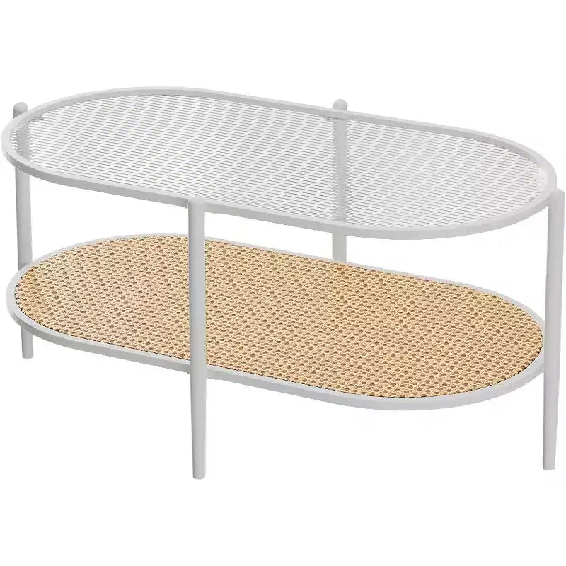 Mesa de centro ovalada de cristal Acekool, cristal templado con diseño de ondas, estante de almacenamiento de ratán, marco de metal estilo bohemio rústico