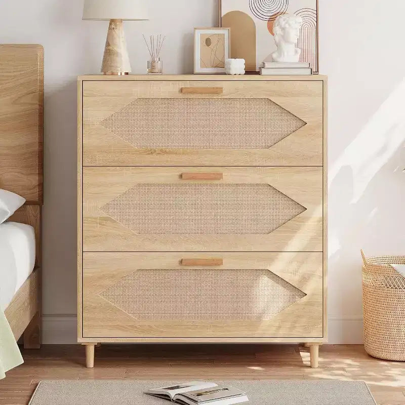 Cómoda de ratán de 3 cajones - Gabinete de almacenamiento de madera moderno para dormitorio y sala de estar