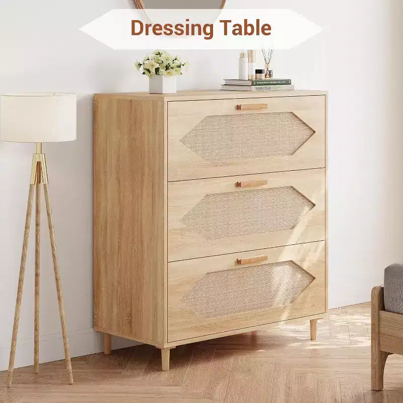 Cómoda de ratán de 3 cajones - Gabinete de almacenamiento de madera moderno para dormitorio y sala de estar