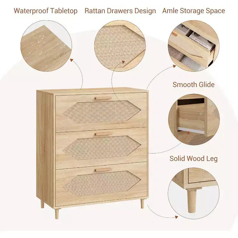 Cómoda de ratán de 3 cajones - Gabinete de almacenamiento de madera moderno para dormitorio y sala de estar