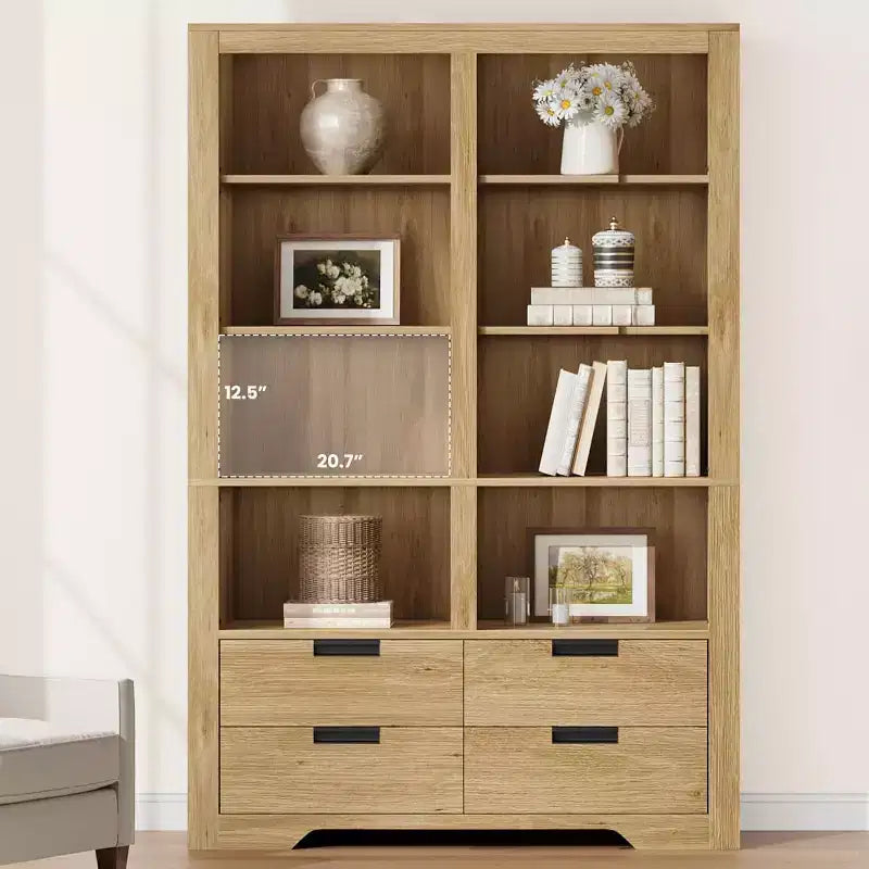 Estantería alta de 72 pulgadas con almacenamiento, librería de pie estilo rústico, estantería con 4 cajones, estantes de almacenamiento de exhibición independientes para oficinas en casa