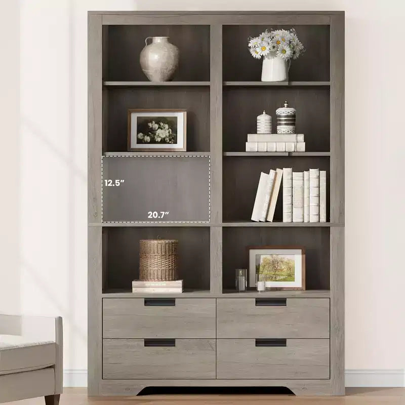 Estantería alta de 72 pulgadas con almacenamiento, librería de pie estilo rústico, estantería con 4 cajones, estantes de almacenamiento de exhibición independientes para oficinas en casa