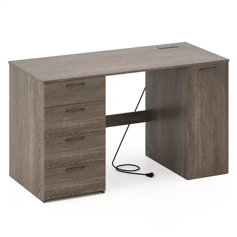 Escritorio para computadora de 53 pulgadas Costway con tomas de corriente, escritorio ejecutivo grande con 4 cajones de almacenamiento, gris/blanco