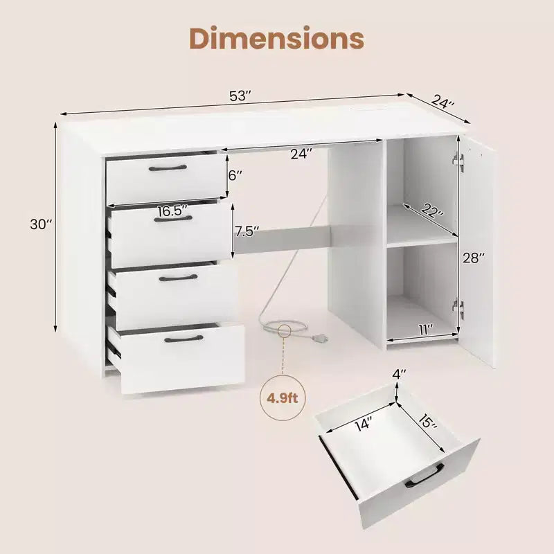Escritorio para computadora de 53 pulgadas Costway con tomas de corriente, escritorio ejecutivo grande con 4 cajones de almacenamiento, gris/blanco