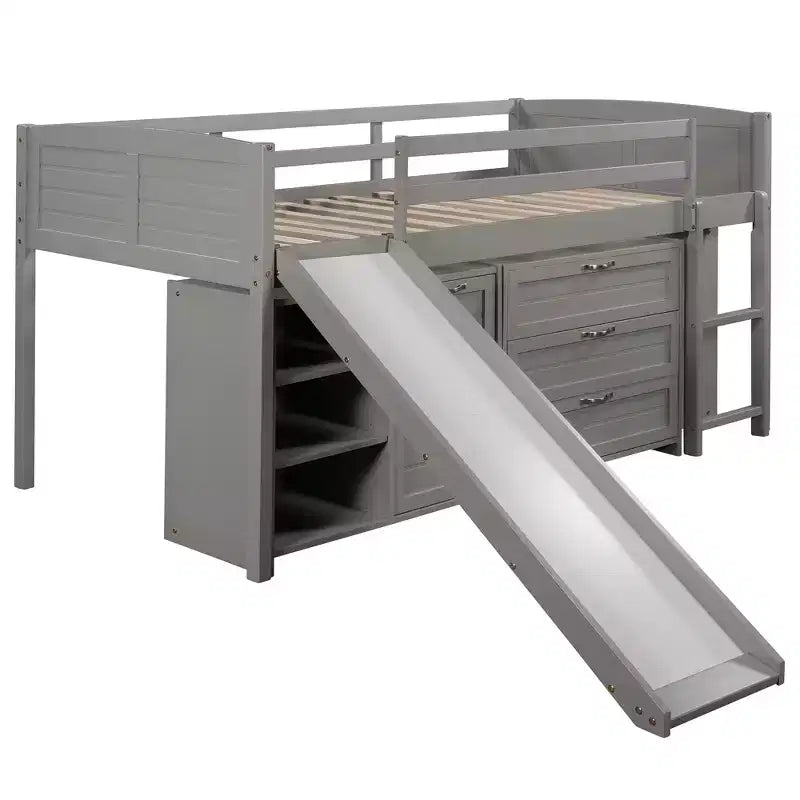 Cama alta doble con tobogán, cama alta de madera tamaño doble, estructura de cama alta baja tamaño doble con armarios y estantes