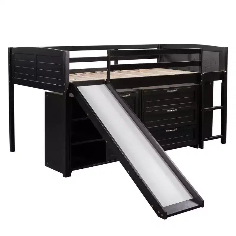 Cama alta doble con tobogán, cama alta de madera tamaño doble, estructura de cama alta baja tamaño doble con armarios y estantes