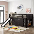 Twin Loft Bed with Slide, Wood Loft Bed Twin Size, Low Twin Size Loft Bed Frame with Cabinets and Shelves