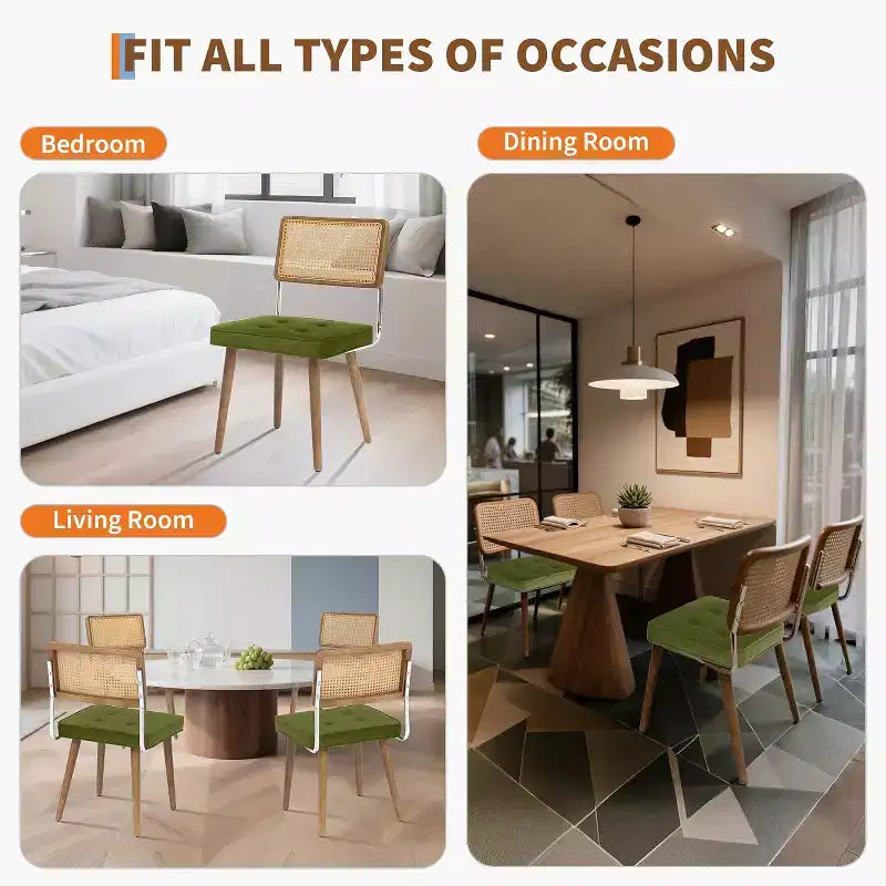 Juego de 2 sillas de comedor modernas, sillas de cocina tapizadas de ratán natural, silla decorativa, sillas laterales sin brazos con tela de terciopelo tapizada
