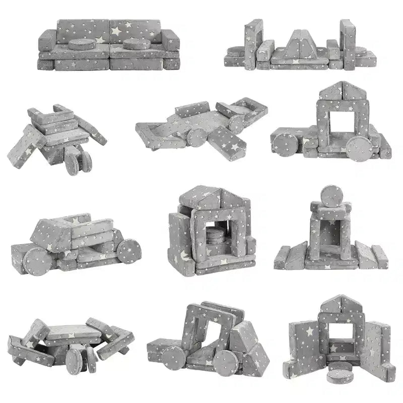 Sofá de juegos modular grande de 12 piezas para niños con estrellas que brillan en la oscuridad, de espuma convertible y cojín de suelo para niños y niñas