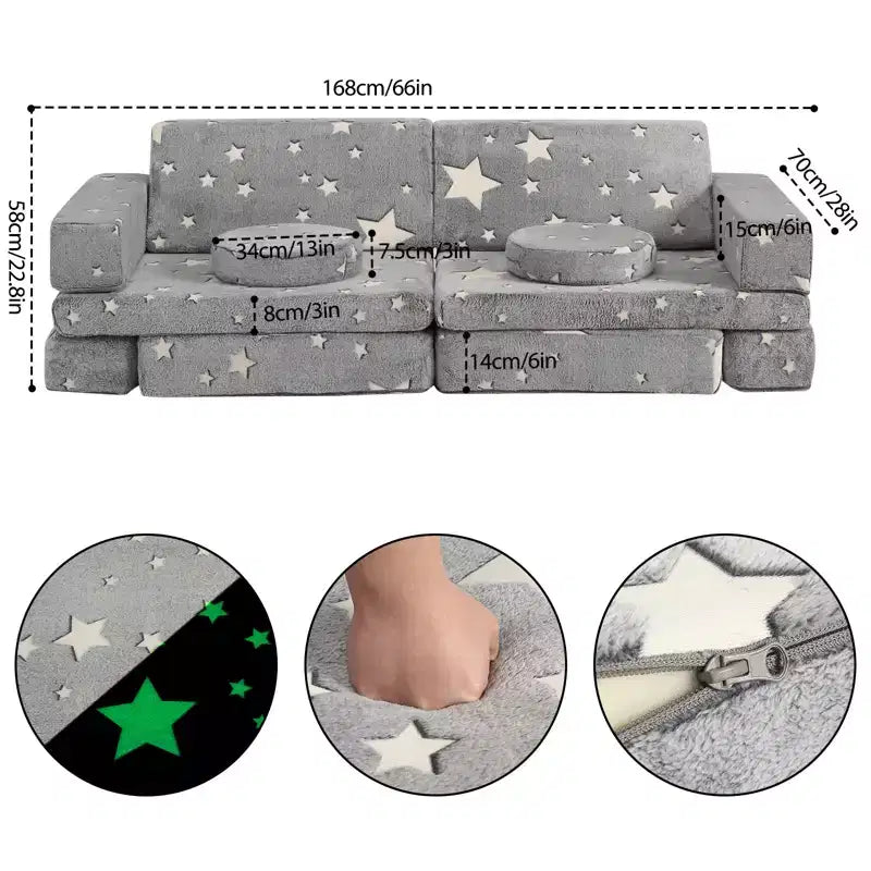 Sofá de juegos modular grande de 12 piezas para niños con estrellas que brillan en la oscuridad, de espuma convertible y cojín de suelo para niños y niñas