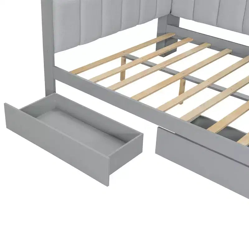 Cama de día Whisen tamaño completo con estantes de almacenamiento, cajones, estación de carga, luz LED, escritorio, cabecera y respaldo tapizados