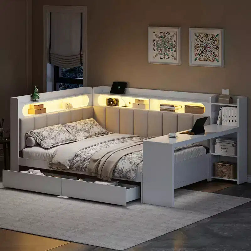 Cama de día Whisen tamaño completo con estantes de almacenamiento, cajones, estación de carga, luz LED, escritorio, cabecera y respaldo tapizados