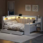 Cama de día Whisen tamaño completo con estantes de almacenamiento, cajones, estación de carga, luz LED, escritorio, cabecera y respaldo tapizados