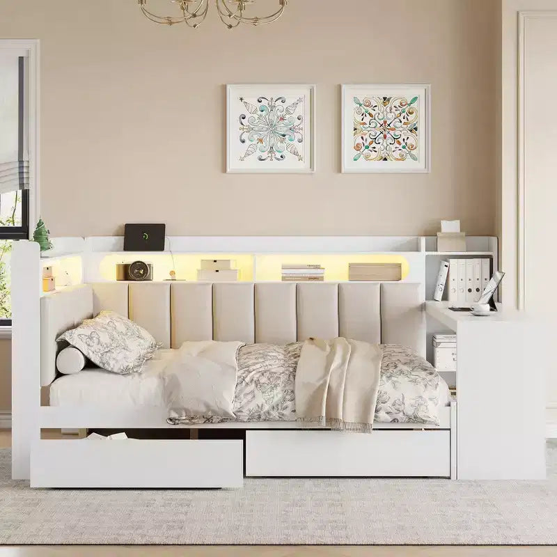 Cama de día Whisen tamaño completo con estantes de almacenamiento, cajones, estación de carga, luz LED, escritorio, cabecera y respaldo tapizados