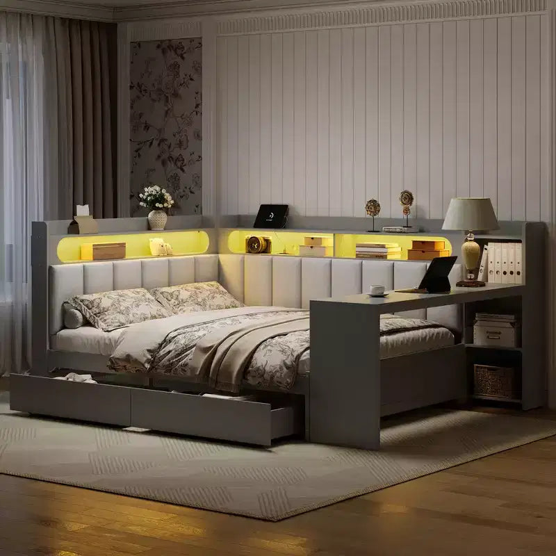Cama de día Whisen tamaño completo con estantes de almacenamiento, cajones, estación de carga, luz LED, escritorio, cabecera y respaldo tapizados