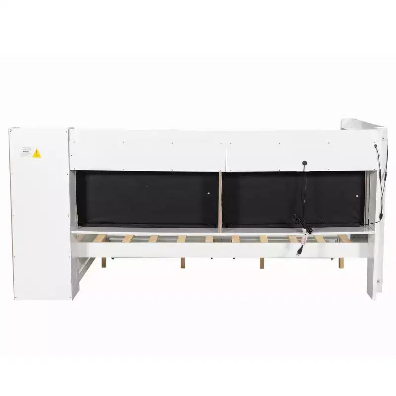Cama de día Whisen tamaño completo con estantes de almacenamiento, cajones, estación de carga, luz LED, escritorio, cabecera y respaldo tapizados