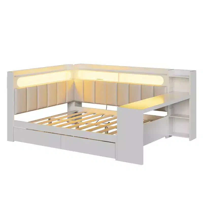 Cama de día Whisen tamaño completo con estantes de almacenamiento, cajones, estación de carga, luz LED, escritorio, cabecera y respaldo tapizados