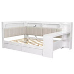 Cama de día Whisen tamaño completo con estantes de almacenamiento, cajones, estación de carga, luz LED, escritorio, cabecera y respaldo tapizados