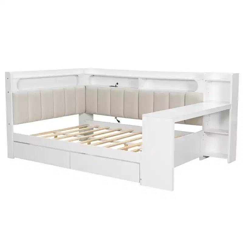 Cama de día Whisen tamaño completo con estantes de almacenamiento, cajones, estación de carga, luz LED, escritorio, cabecera y respaldo tapizados