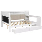 Cama de día Whisen tamaño completo con estantes de almacenamiento, cajones, estación de carga, luz LED, escritorio, cabecera y respaldo tapizados