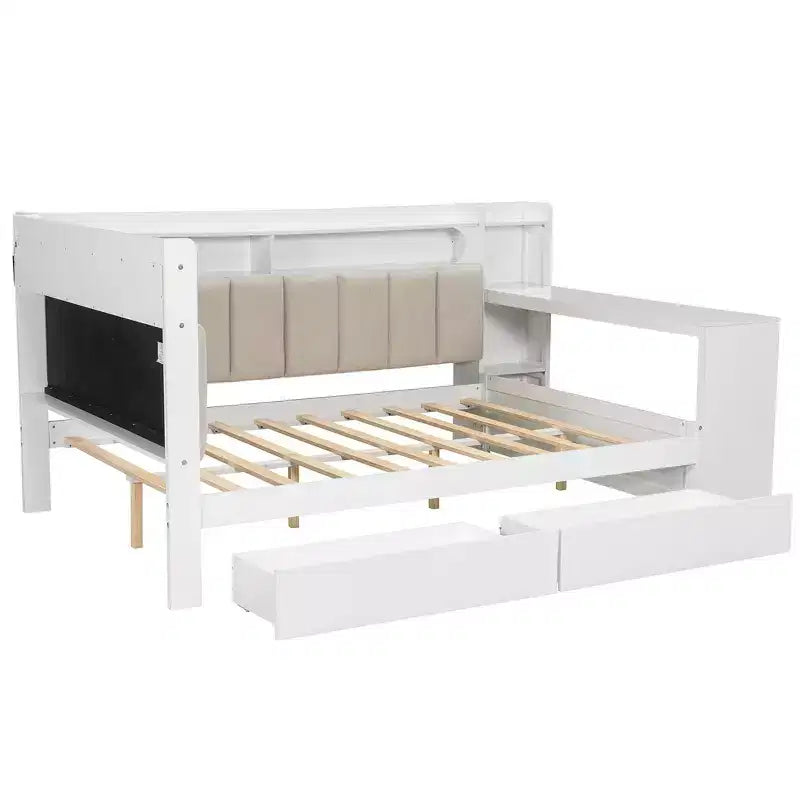 Cama de día Whisen tamaño completo con estantes de almacenamiento, cajones, estación de carga, luz LED, escritorio, cabecera y respaldo tapizados