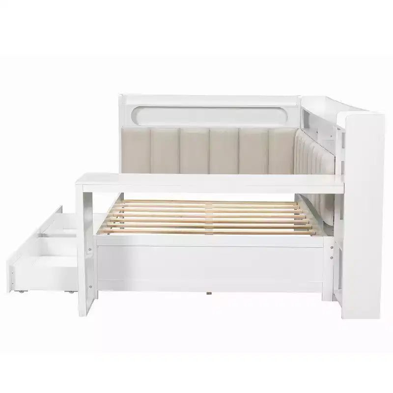 Cama de día Whisen tamaño completo con estantes de almacenamiento, cajones, estación de carga, luz LED, escritorio, cabecera y respaldo tapizados