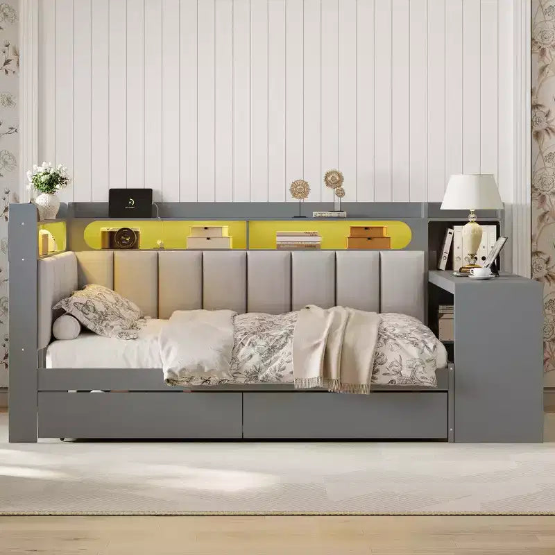 Cama de día Whisen tamaño completo con estantes de almacenamiento, cajones, estación de carga, luz LED, escritorio, cabecera y respaldo tapizados