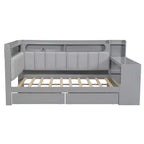 Cama de día Whisen tamaño completo con estantes de almacenamiento, cajones, estación de carga, luz LED, escritorio, cabecera y respaldo tapizados