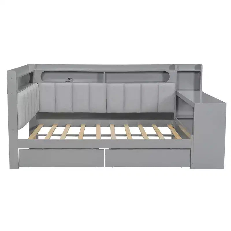 Cama de día Whisen tamaño completo con estantes de almacenamiento, cajones, estación de carga, luz LED, escritorio, cabecera y respaldo tapizados