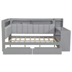 Cama de día Whisen tamaño completo con estantes de almacenamiento, cajones, estación de carga, luz LED, escritorio, cabecera y respaldo tapizados