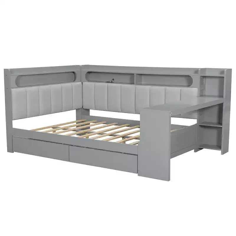 Cama de día Whisen tamaño completo con estantes de almacenamiento, cajones, estación de carga, luz LED, escritorio, cabecera y respaldo tapizados
